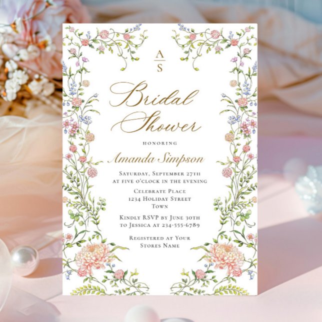 Invitation Ornate Grace Pastel Blush Floral Fête des mariées (Créateur téléchargé)