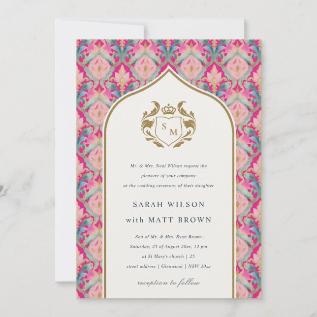 Invitation Ornate Hot Pink Gold Classy Floral Laurel Mariage (Devant)