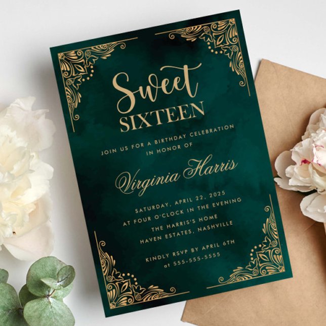 Invitation Ornate or Bordure verte Sweet sixteen 16 Anniversa (Créateur téléchargé)