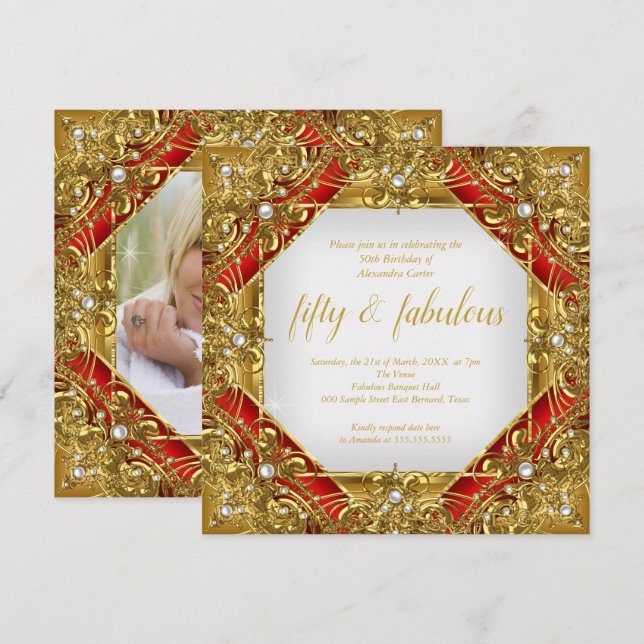Invitation Ornate Red Fabulous 50ème Photo Gold sur Gold Part (Devant / Derrière)