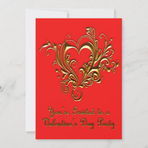 Invitation Ornate Scrolled Heart Metallic Gold sur Bright Red