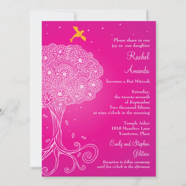 Invitation Ornate Tree of Life Bat mitzvah rose (Devant)