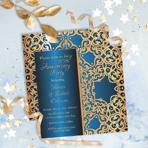 Invitation Orné Anniversaire De Mariage Vintage Or Et Bleu Bi