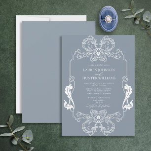 Invitation Orné Dusty Blue Floral Line Art Monogramme Mariage