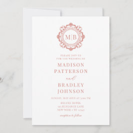 Invitation Orné Floral Monogramme Mariage Élégant Rose Or