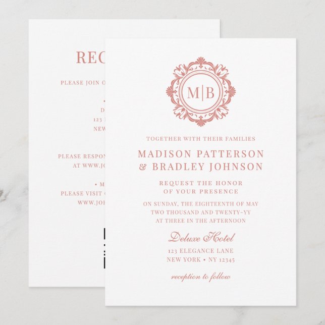 Invitation Orné Floral Monogramme Mariage Élégant Rose Or (Devant / Derrière)