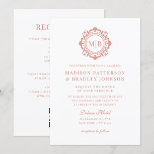 Invitation Orné Floral Monogramme Mariage Élégant Rose Or