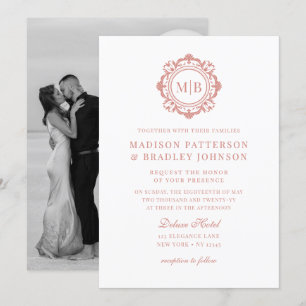 Invitation Orné Floral Monogramme Mariage Élégant Rose Or