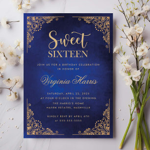 Invitation Orné or Bordure Bleu Sweet sixteen 16 Anniversaire
