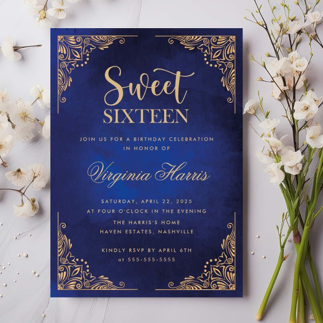 Invitation Orné or Bordure Bleu Sweet sixteen 16 Anniversaire (Créateur téléchargé)