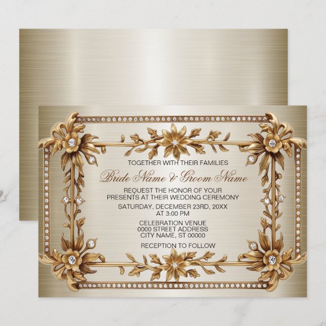Invitation Orné Or Rectangle Fleurs Dimond Mariage brillant (Devant / Derrière)