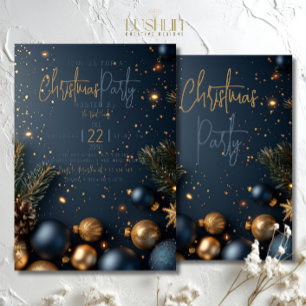 Invitation Ornement bleu or avec verdure Noël de vacances