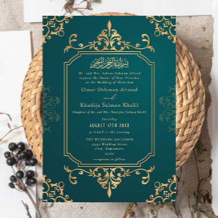 Invitation Ornement bleu sarcelle et or Mariage islamique vin