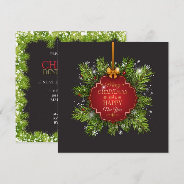 Invitation Ornement de feuilles vertes Fête de Noël | Invitat (Devant / Derrière)
