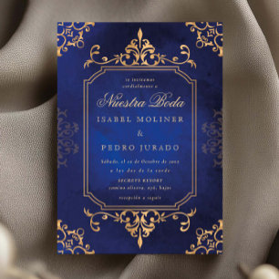 Invitation Ornement doré et bleu vintage Nuestra Boda mariage