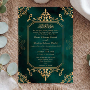 Invitation Ornement doré et émeraude Mariage islamique vintag