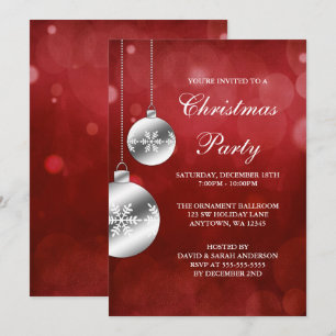 Invitation Ornements d'argent Fête de Noël du Red Bokeh