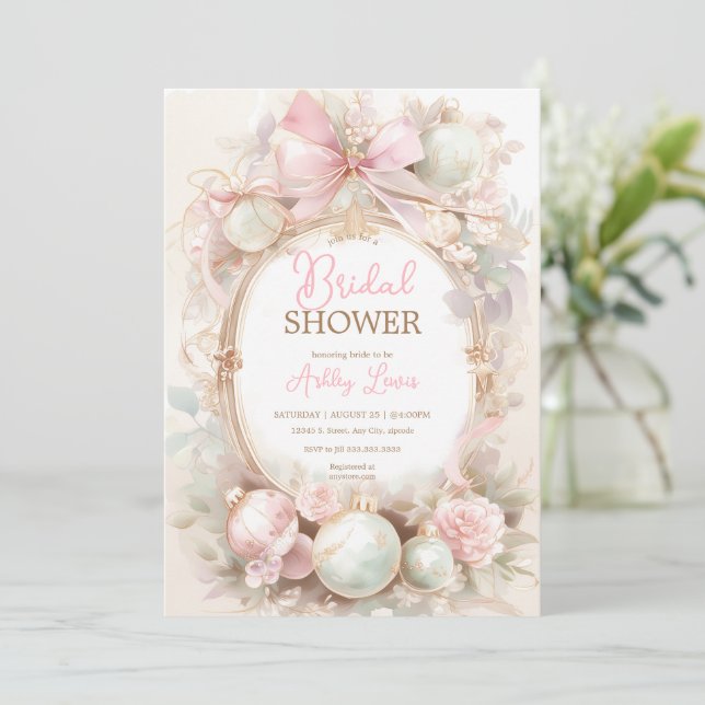 Invitation Ornements de Noël, douche nuptiale rose hiver (Debout devant)