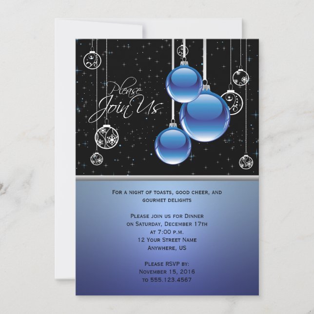 Invitation Ornements de Noël en argent bleu sur la fête noire (Devant)