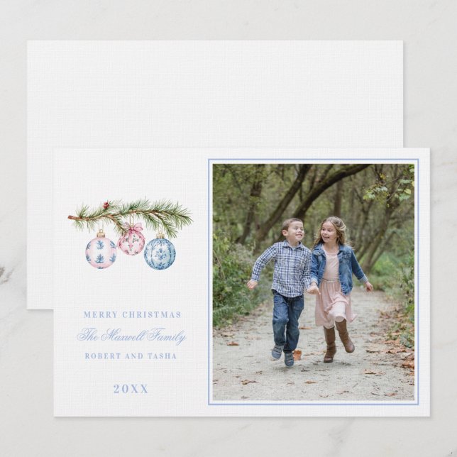 Invitation Ornements de Noël roses et bleus (Devant / Derrière)