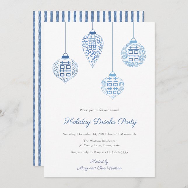 Invitation Ornements De Vacances Blancs Et Bleus Chic Boisson (Devant / Derrière)
