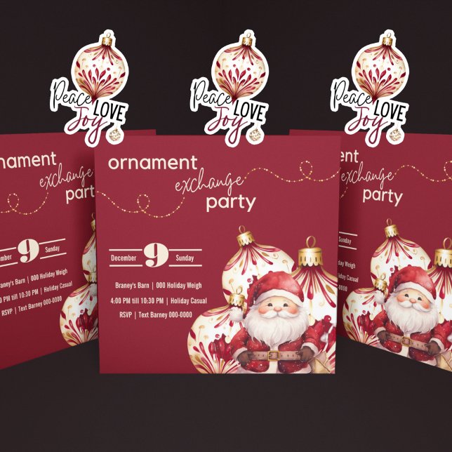 Invitation Ornements de vacances en Bourgogne et or avec Père (Christmas ornament exchange holiday party with Santa in burgundy and ivory- grab matching stickers)