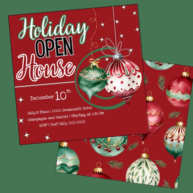Invitation Ornements de vacances Open House en rouge et vert (Holiday open house customizable invitation with Christmas ornaments in red, gold and green. )