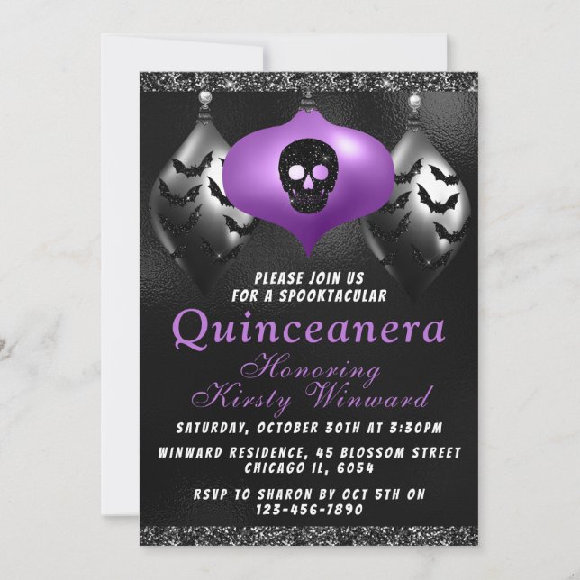 Invitation Ornements d'Halloween violet noir Quinceanera (Devant)