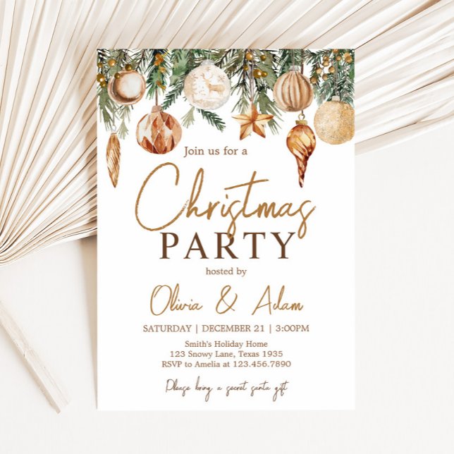 Invitation Ornements d'or Fête de Noël (Golden Holiday Christmas Party Invitation)