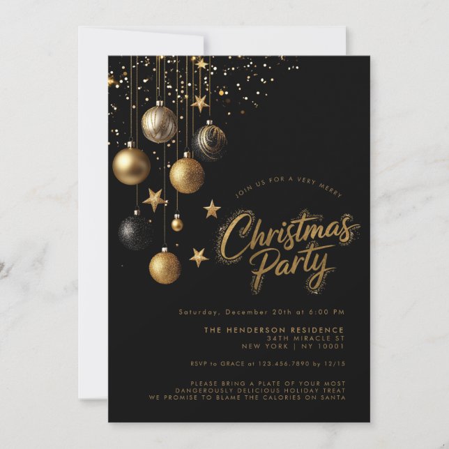 Invitation Ornements d'or noir Étincelles Fête de Noël (Devant)