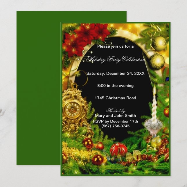 Invitation Ornements d'or Pine verte fête de Noël (Devant / Derrière)