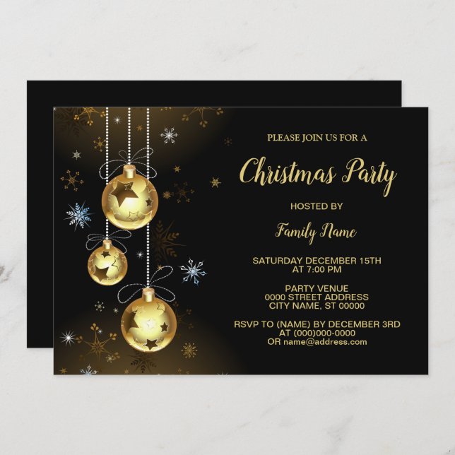 Invitation Ornements dorés de Noël Étoiles brillantes Fête no (Devant / Derrière)