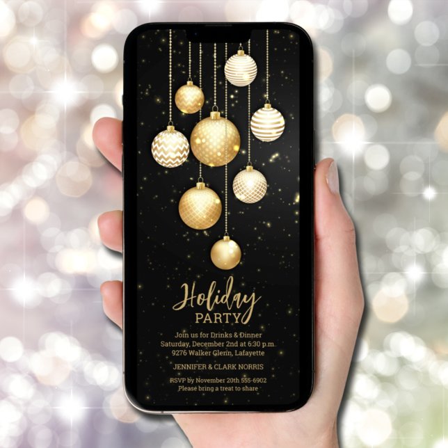 Invitation Ornements Gold Christmas Tree (Gold Christmas Tree Ornaments Invitations - INSTANT DOWNLOAD and/or PRINTED)