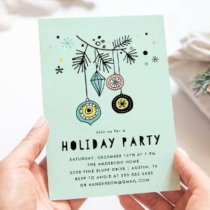 Invitation Ornements Rétro Milieu de Siècle Fête de Noël Vert