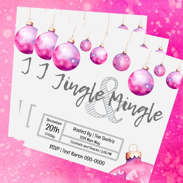 Invitation Ornements roses mignons Jingle et Mingle de Noël (Fun pink bauble Jingle and Mingle Christmas Party invitation you can fully customize
)