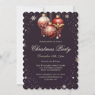 Invitation Ornements rouges et or violet foncé pour Noël et f