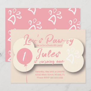 Invitation Os à anniversaire simple chien patte rose crème
