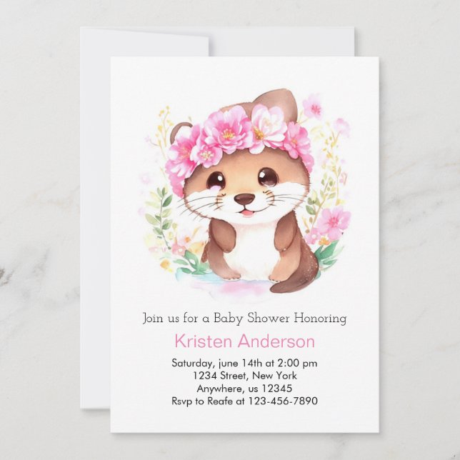 Invitation Otter Aventure Fleur sauvage rose Baby shower fill (Devant)
