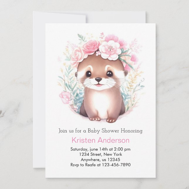Invitation Otter Blissful Pink Meadow Girl Baby shower (Devant)
