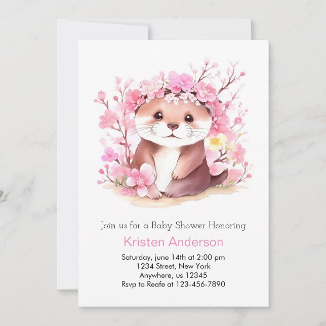 Invitation Otter Magic Fleurs sauvages rose Baby shower fille (Devant)