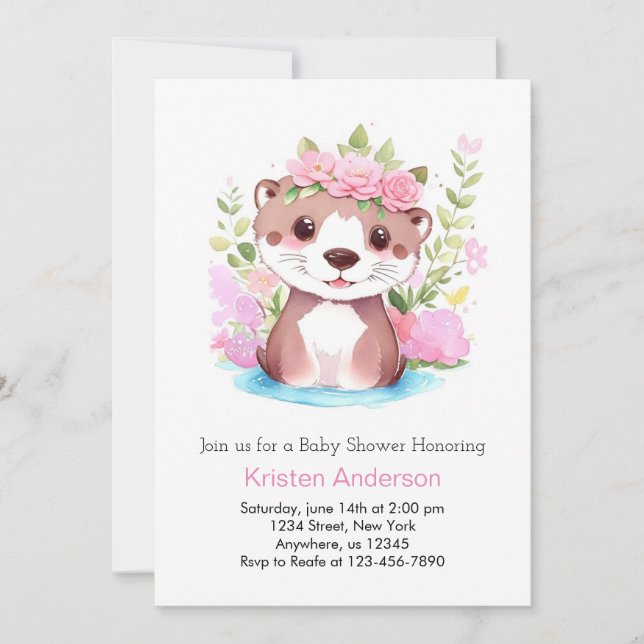 Invitation Otter Meadow Adventure Baby shower fille rose (Devant)