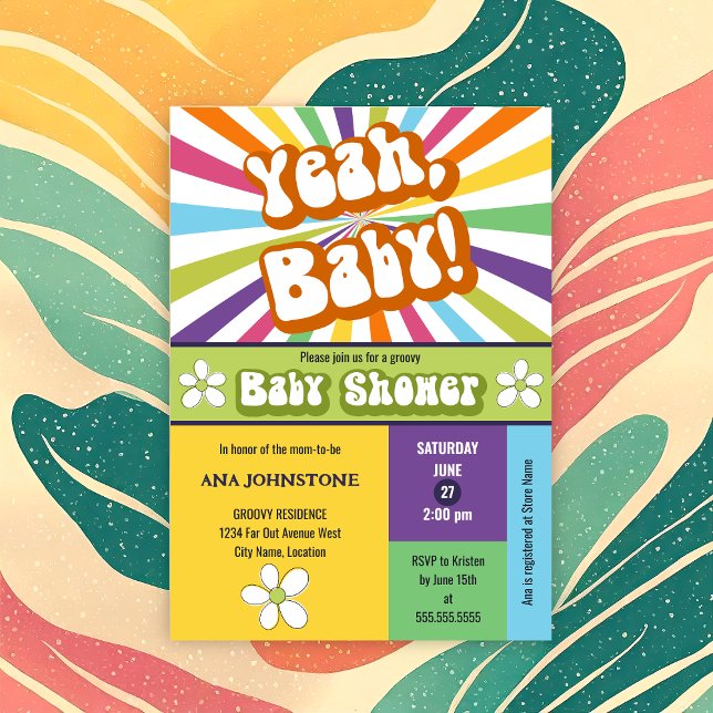 Invitation Ouais Baby Baby shower rétro coloré et amusant (Fun, colorful retro "Yeah, Baby!" baby shower invitation.)