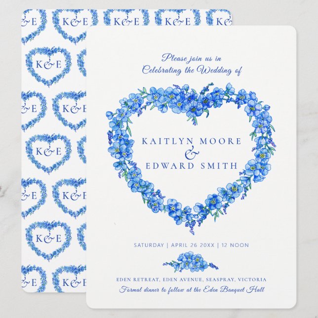 Invitation Oubliez-moi pas coeur art mariage bleu blanc (Devant / Derrière)