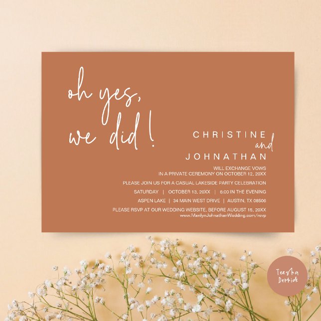Invitation Oui, On L'A Fait, Elopement Mariage, Rouille De Cu (Oh Yes, We Did, Modern Wedding Elopement Dinner Party Invitation Card, PDF, Copper Rust Brown)