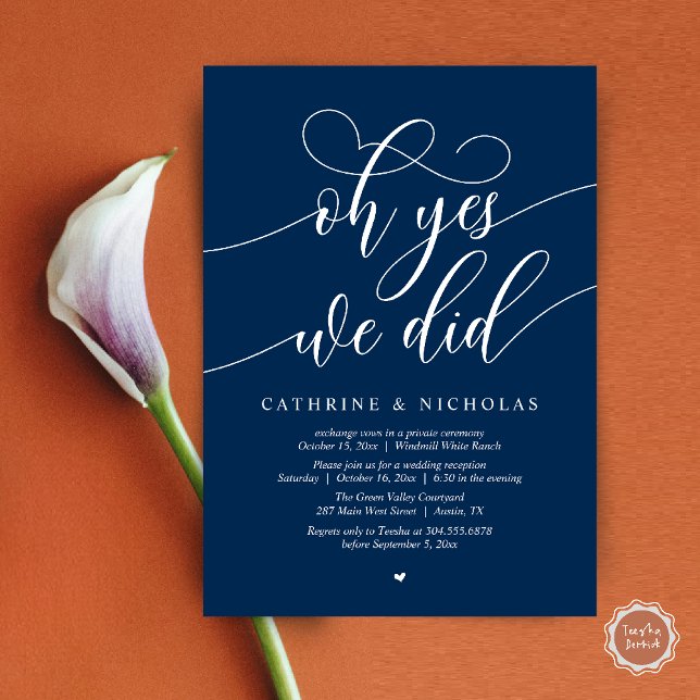 Invitation Oui, On L'A Fait, Réception De Mariage De Script M (Oh Yes, We Did, Modern Script Wedding Reception Invitation Card PDF Navy Blue)