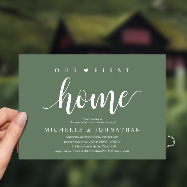 Invitation Our First Home Modern Rustic Housewarming party (Our First Home Housewarming party Invitation Card in Sage Green)