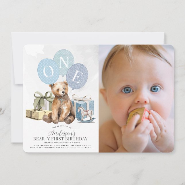 Invitation Ours 1er anniversaire Ours Bleu Balloon Boy Photo (Devant)