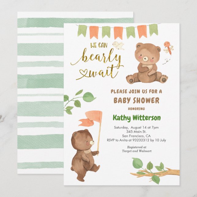 Invitation Ours avec Baby shower Eucalyptus (Devant / Derrière)