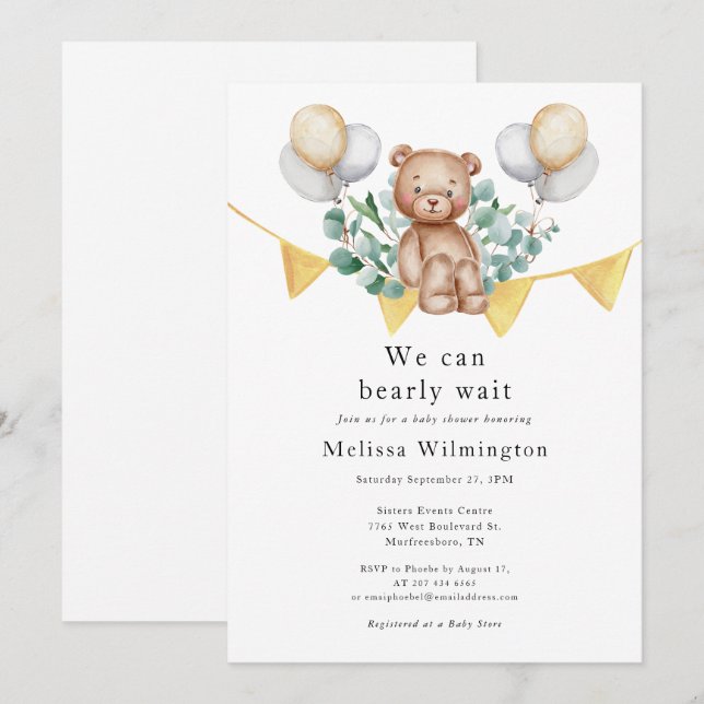 Invitation Ours Baby shower Eucalyptus Bois Animaux (Devant / Derrière)