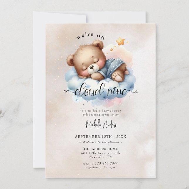 Invitation Ours Bébé mignon | Baby shower Garçon aquarelle (Devant)